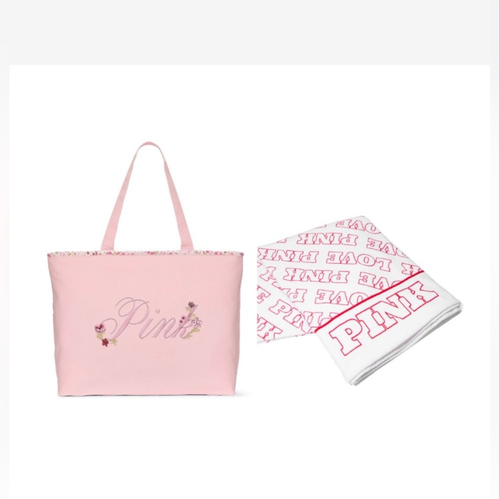 PINK Victoria's Secret Light Pink Tote with Floral Embroidery &  Towel